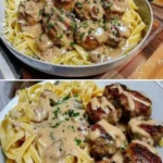 Tagliatelle mit Pilzsauce und Fleischbällchen auf einem weißen Teller