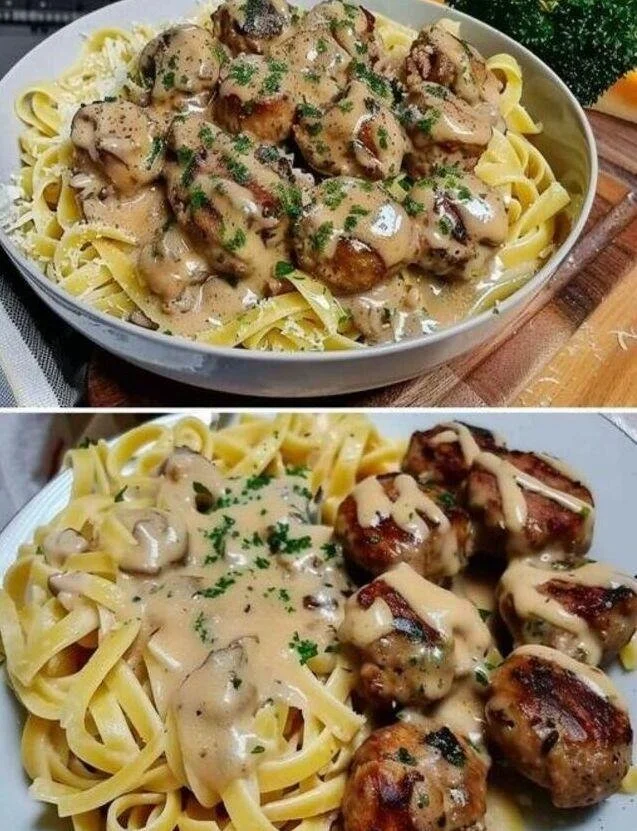 Tagliatelle mit Pilzsauce und Fleischbällchen auf einem weißen Teller