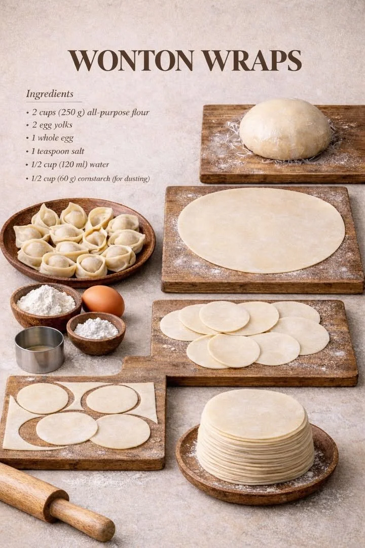 Teigblätter für Wontons auf einem Holzbrett