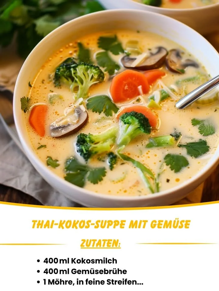 Thailändische Kokosnusssuppe mit Gemüse in einer Schüssel