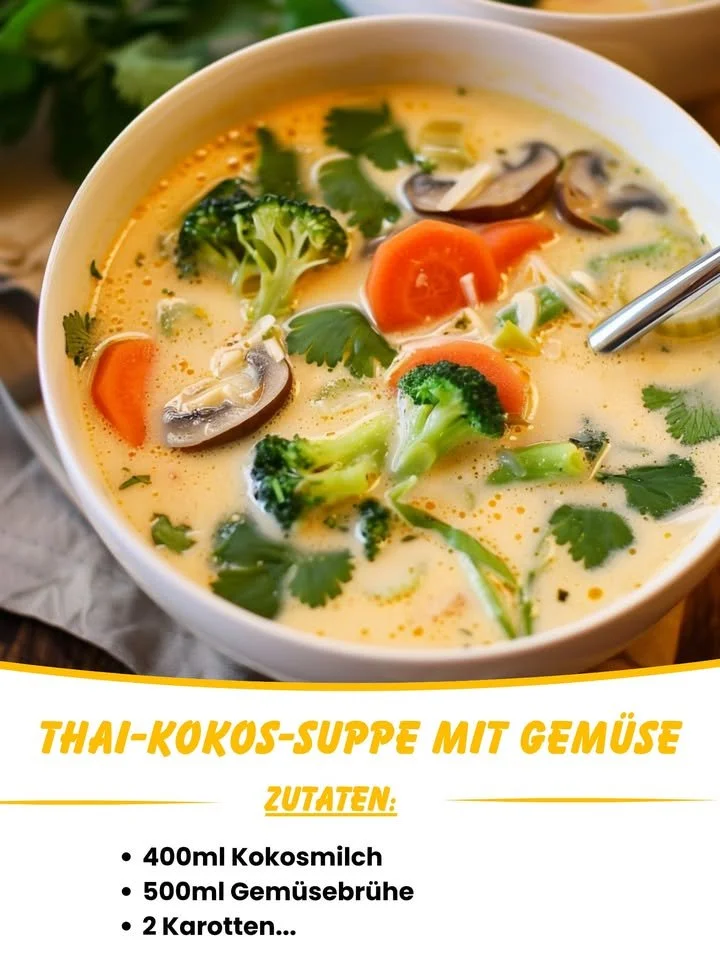 Schüssel mit Thai-Coconut-Suppe und buntem Gemüse