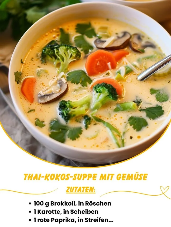 Schüssel Thai-Kokos-Suppe mit frischem Gemüse und Kräutern