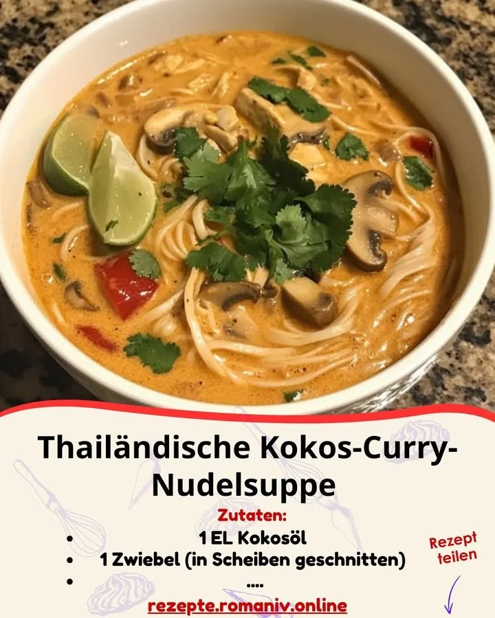 Thailändische Kokos-Curry-Nudelsuppe in einer bunten Schüssel, garniert mit frischen Kräutern.