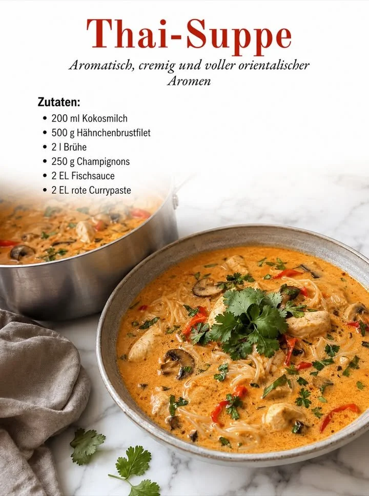 Schüssel mit thailändischer Suppe, garniert mit Kräutern und Limette