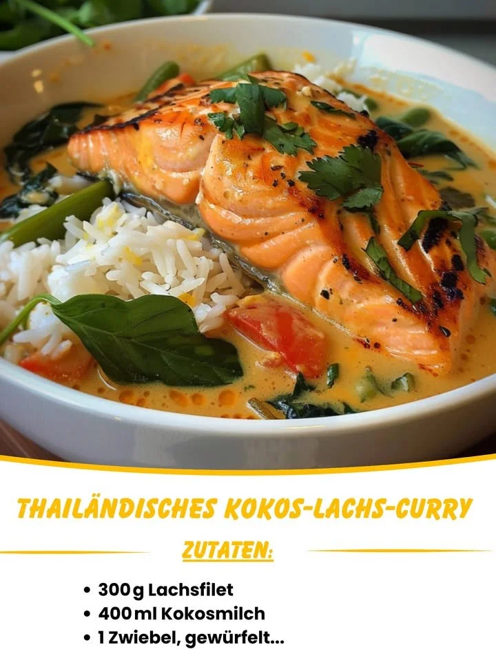 Thailändisches Kokos-Lachs-Curry mit frischen Zutaten und aromatischen Gewürzen.