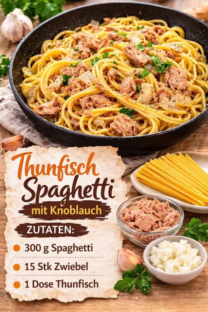 Leckere Thunfisch-Spaghetti serviert in einer Schale mit frischen Kräutern