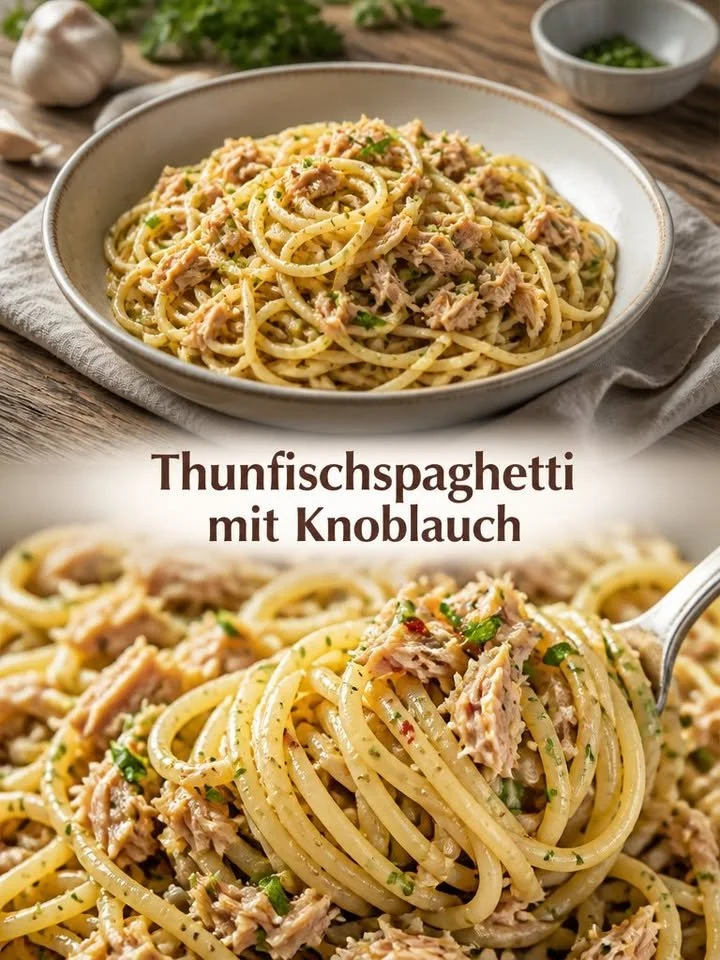 Teller mit Thunfischspaghetti und Knoblauch, garniert mit frischen Kräutern