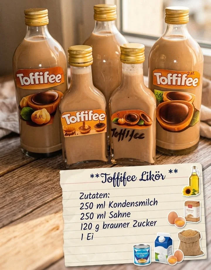 Flasche Toffifee Likör mit Nüssen und Schokolade im Hintergrund