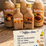Flasche Toffifee Likör mit Schokoladendekoration auf einem Tisch