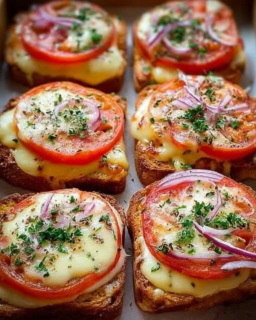 Tomaten Mozzarella Toast mit frischen Zutaten auf einem rustikalen Holzbrett