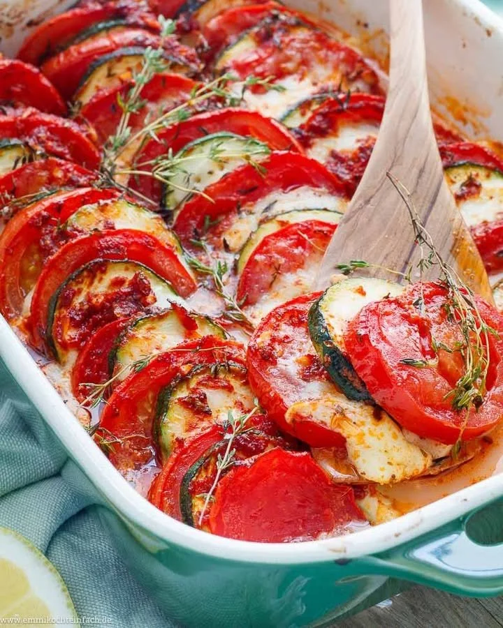 Leckeres Tomaten Zucchini Auflauf im Ofen gebacken, serviert auf einem Teller.