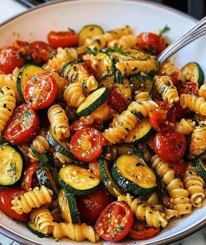 Schüssel mit frischer Tomaten-Zucchini-Pasta, garniert mit Basilikum.