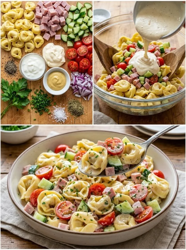 Bunter Tortellini-Salat mit frischem Gemüse und Dressing.