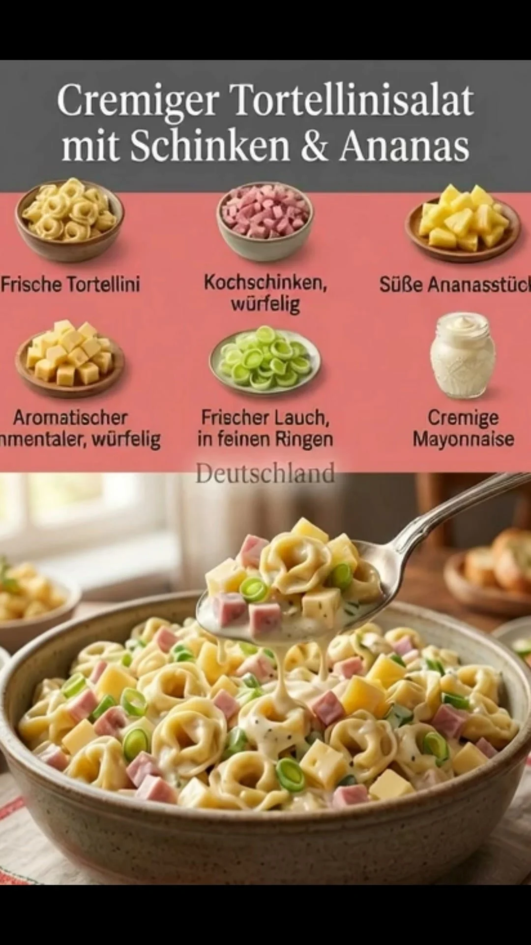 Tortellinisalat mit Schinken und Ananas in einer Schüssel serviert.