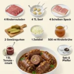 Traditionelle Rinderrouladen mit Gemüse und Soße auf einem Teller serviert