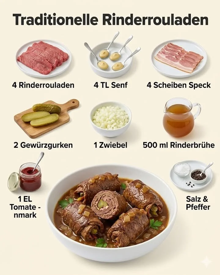 Traditionelle Rinderrouladen mit Gemüse und Soße auf einem Teller serviert