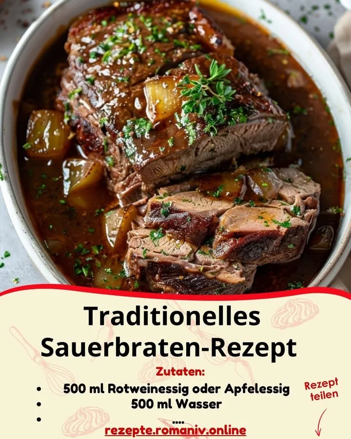 Traditionelles Sauerbraten-Rezept auf einem Teller angerichtet