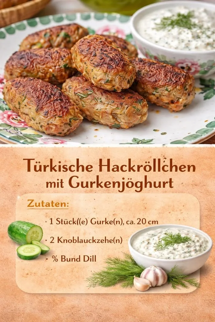 Türkische Hackröllchen mit erfrischendem Joghurt-Dip serviert auf einem Teller