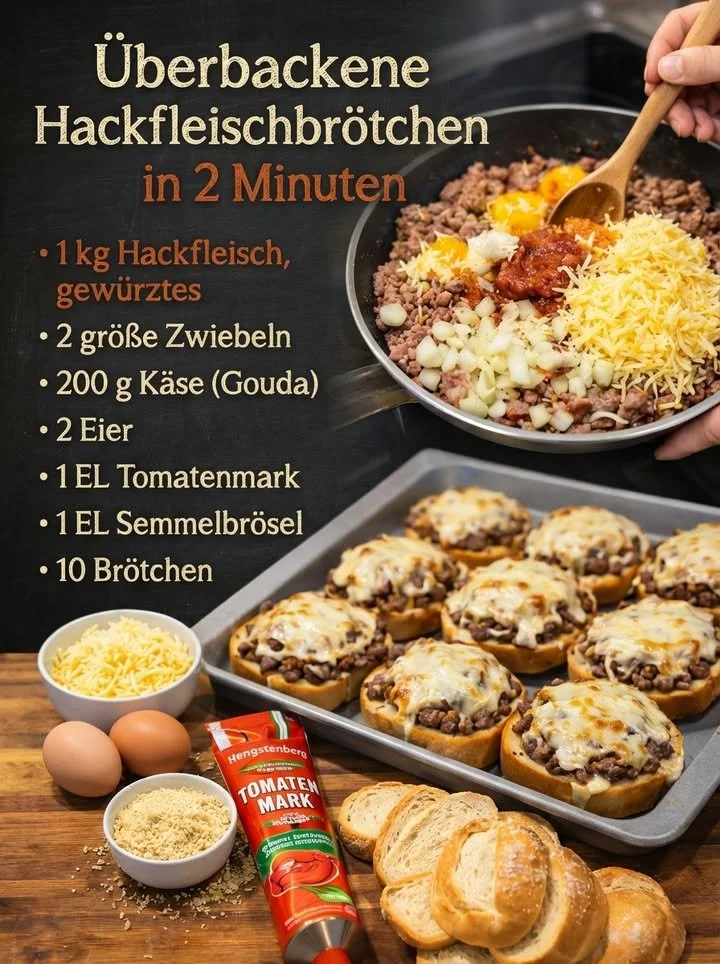 Überbackene Hackfleischbrötchen frisch aus dem Ofen, appetitlich angerichtet.