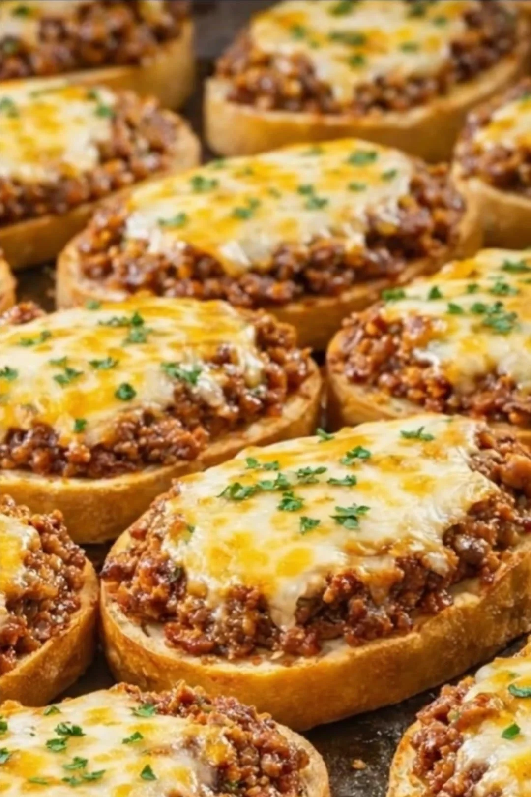 Überbackene Hackfleischbrötchen frisch aus dem Ofen serviert.