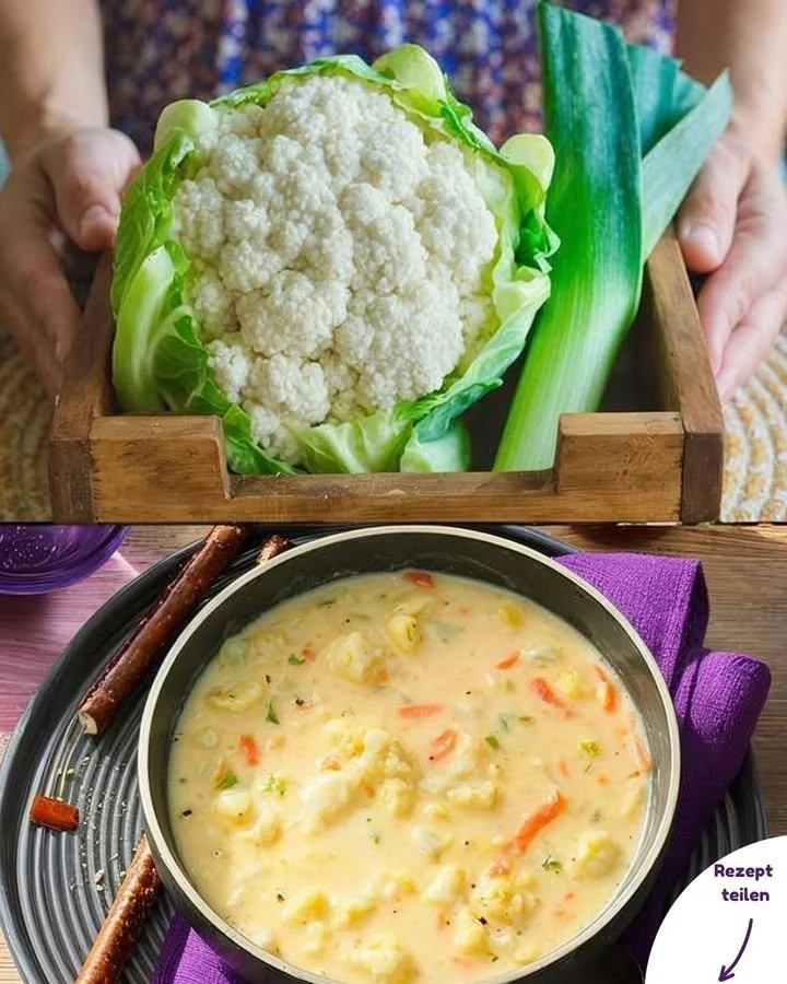 Eine Schüssel ultracremige Blumenkohl-Suppe mit frischen Kräutern garniert.