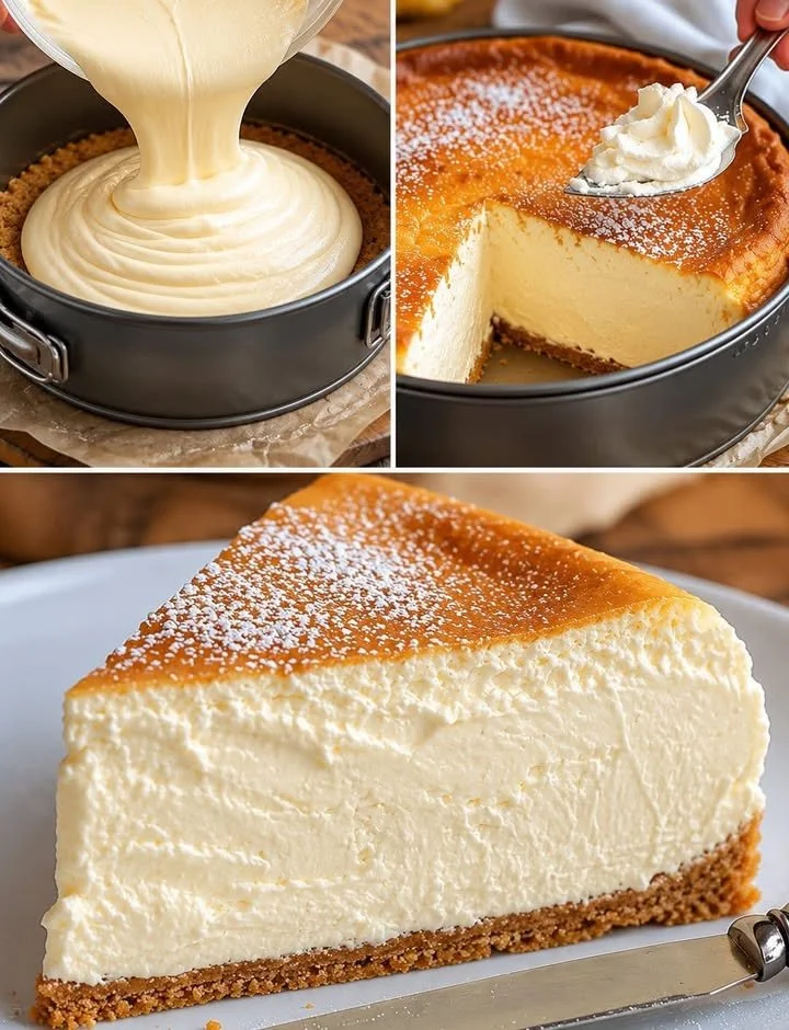 Ultracremiger Käsekuchen mit Vanillepudding auf einem weißen Teller