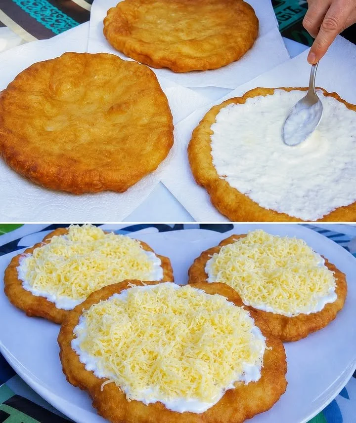 Ungarisches Langos - Frittierter Snack mit knuspriger Kruste und leckerem Belag