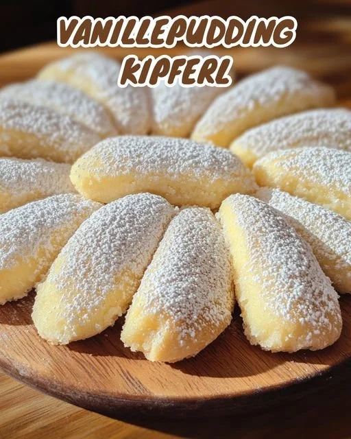Vanillekipferl mit Pudding auf einem weißen Teller serviert