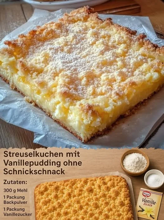Leckere Vanillepudding Streuselkuchen vom Blech frisch gebacken und serviert