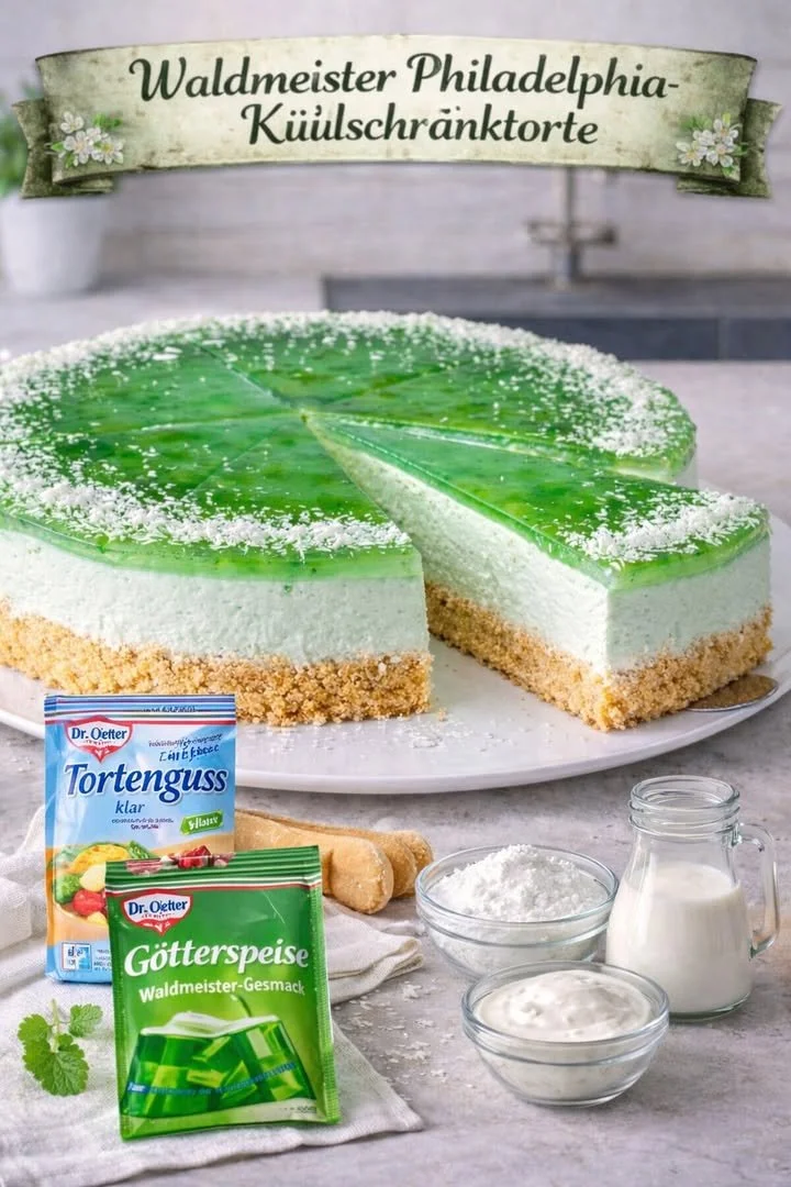 Waldmeister Frischkäse Traumtorte mit dekorativem Topping