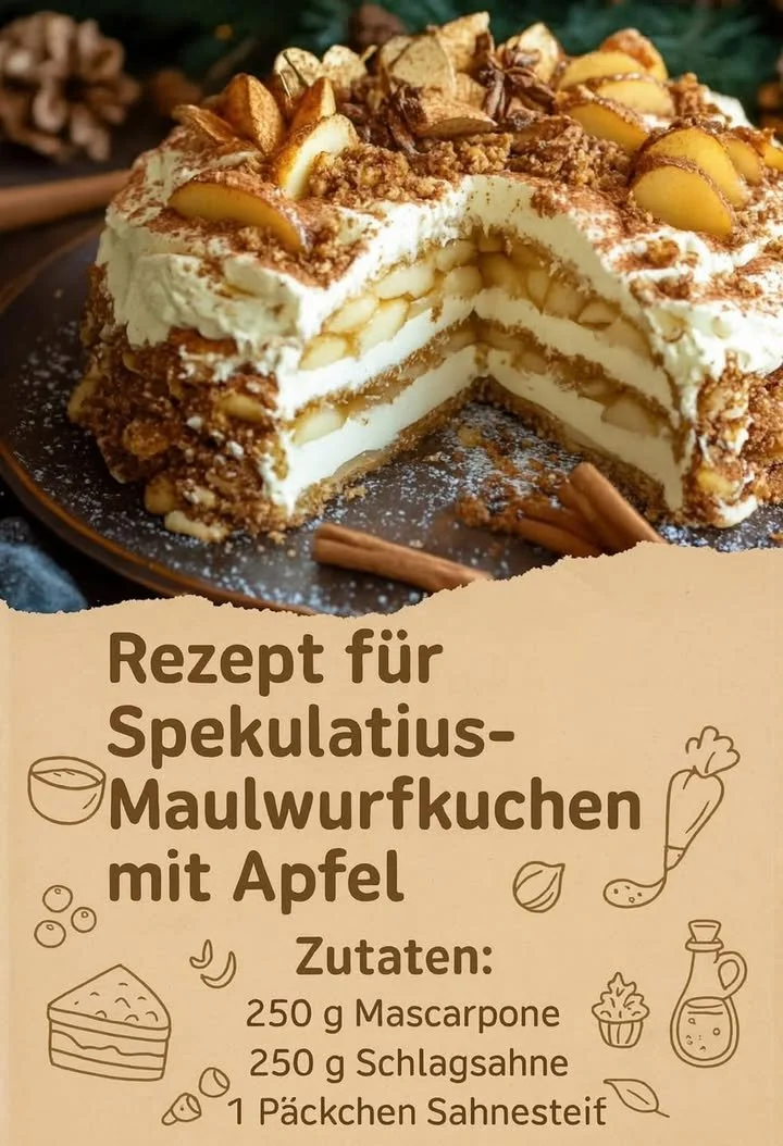 Weihnachtlicher Apfel-Maulwurfkuchen mit Äpfeln und Schokoladencreme