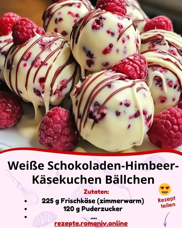 Weiße Schokoladen-Himbeer-Käsekuchen Bällchen auf einem Teller serviert.