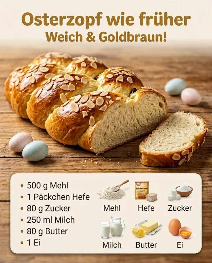Frisch gebackener Osterzopf mit softem Teig, aufgenommen in einer warmen Küche.