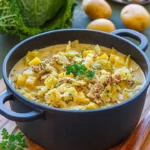 Wirsingeintopf mit Hackfleisch und Kartoffeln auf einem Teller serviert.