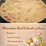 Würstchen-Senf-Gulasch mit Penne auf einem Teller serviert