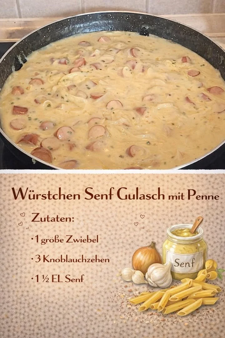Würstchen-Senf-Gulasch mit Penne auf einem Teller serviert