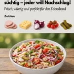 Wurstsalat nach Schweizer Art mit frischen Zutaten auf einem Teller.