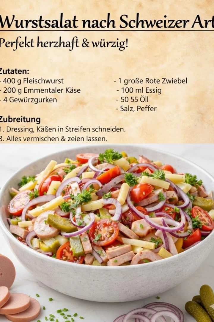 Wurstsalat nach Schweizer Art mit würzigen Zutaten auf einem Teller