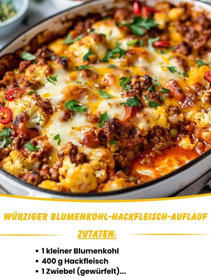 Würziger Blumenkohl-Hackfleisch-Auflauf in einer Auflaufform