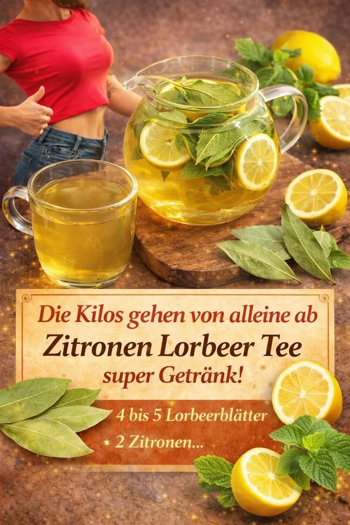Tasse mit Zitronenlorbeertee und frischen Lorbeerblättern