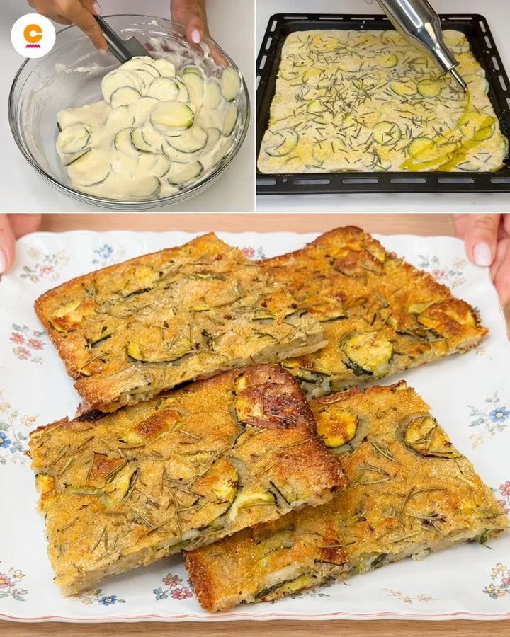 Hausgemachtes Zucchini-Fladenbrot mit frischen Zutaten auf einem Holzbrett