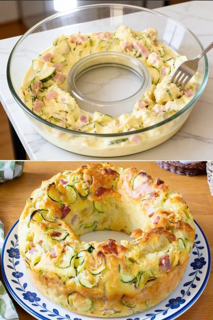 Leckerer Zucchini-Käse-Kranz auf einem Holztisch präsentiert
