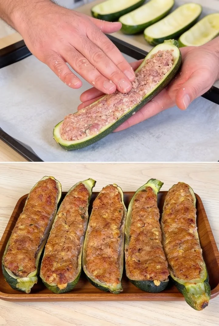 Zucchini mit Hackfleisch und Parmesan, frisch zubereitet und serviert.