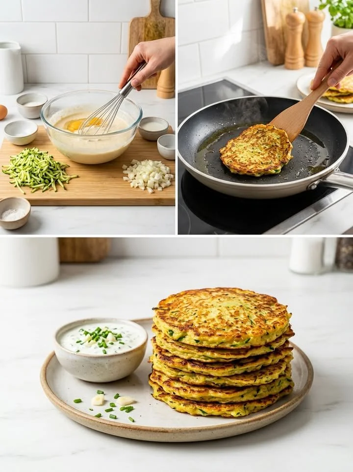 Zucchini-Pfannkuchen mit Kräuter-Dip auf einem Teller serviert