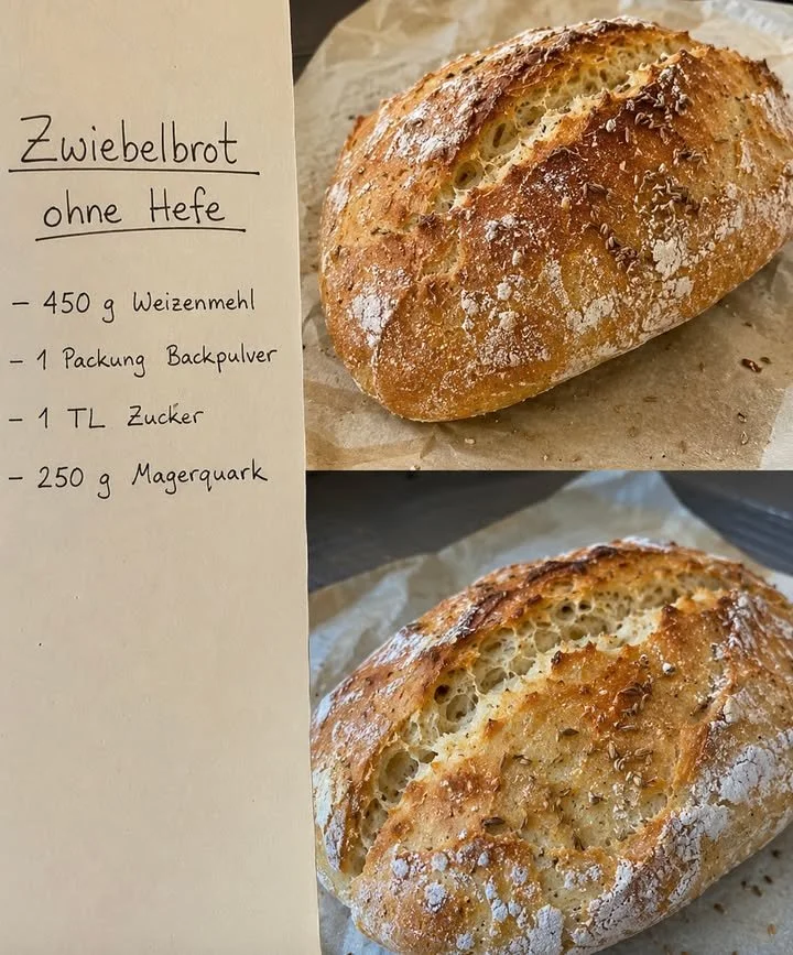 Zwiebelbrot ohne Hefe auf einem Holzbrett angerichtet