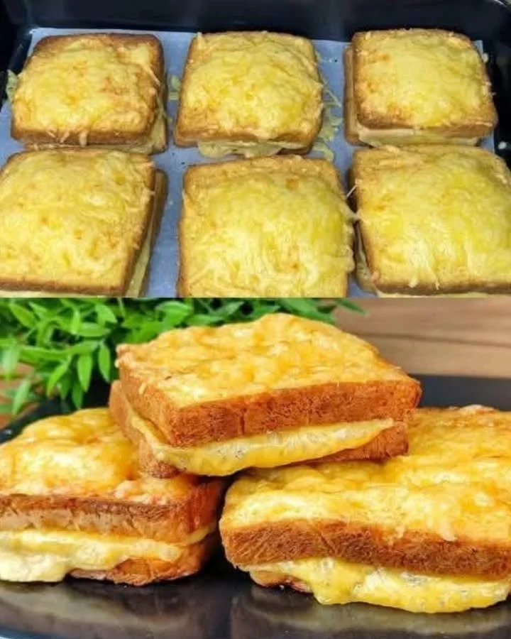 Käsebrot aus dem Airfryer, goldbraun überbacken mit geschmolzenem Käse.