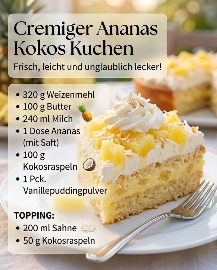 Ein saftiger Ananas Kuchen auf einem weißen Teller, appetitlich angerichtet.
