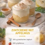 Schüssel mit Apfelmus, Zimt und Sahnecreme dekoriert
