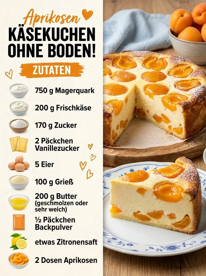 Schneller Aprikosen-Käsekuchen ohne Boden serviert auf einem Teller