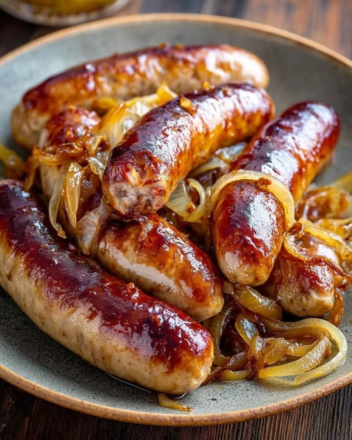 Bierbratwurst mit würziger Note auf einem Grill serviert
